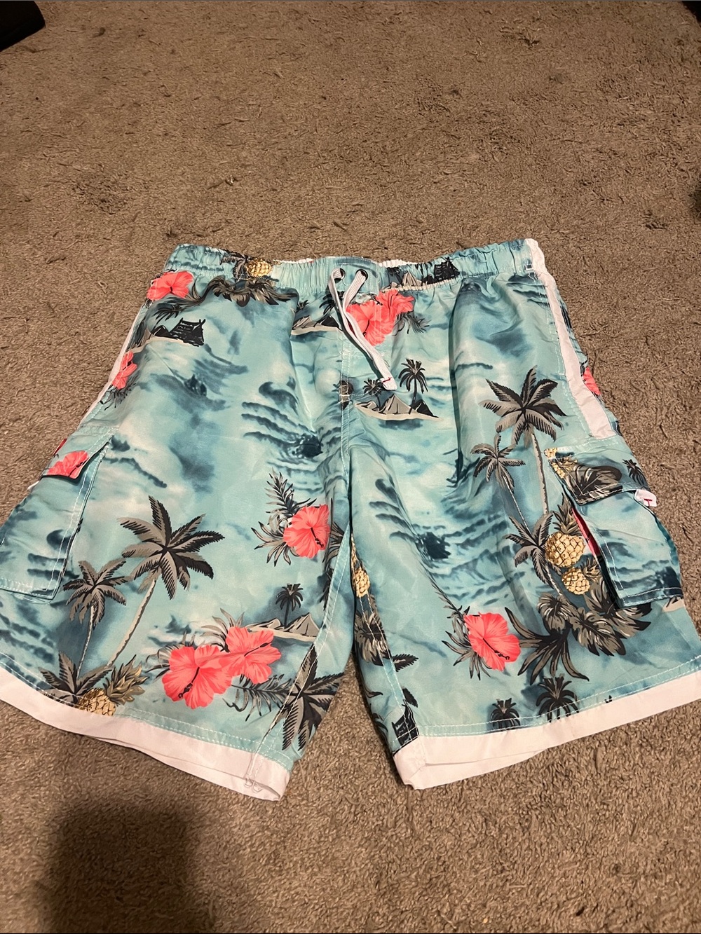Ingear Aqua Tropical Floral Swim Trunks with Coral Accents